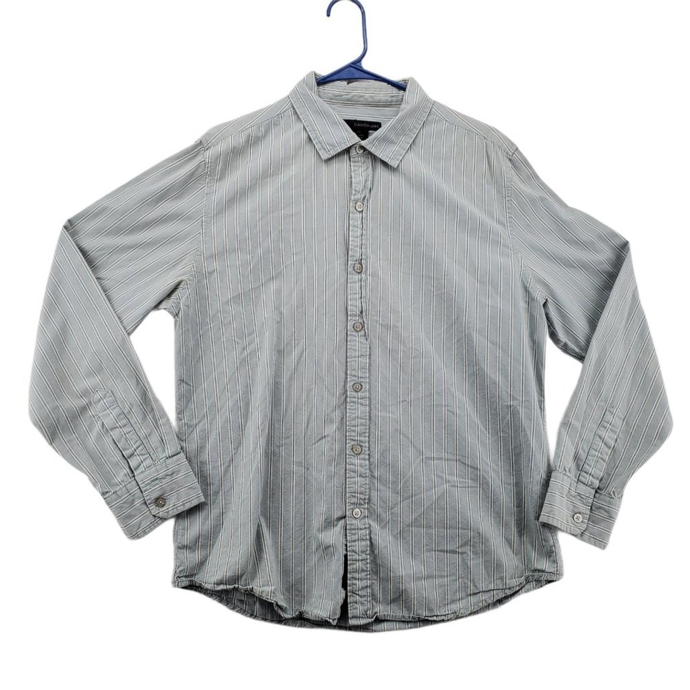 Calvin Klein Shirt Men's Long Sleeve Casual Button Up Oxford Striped Blue Large